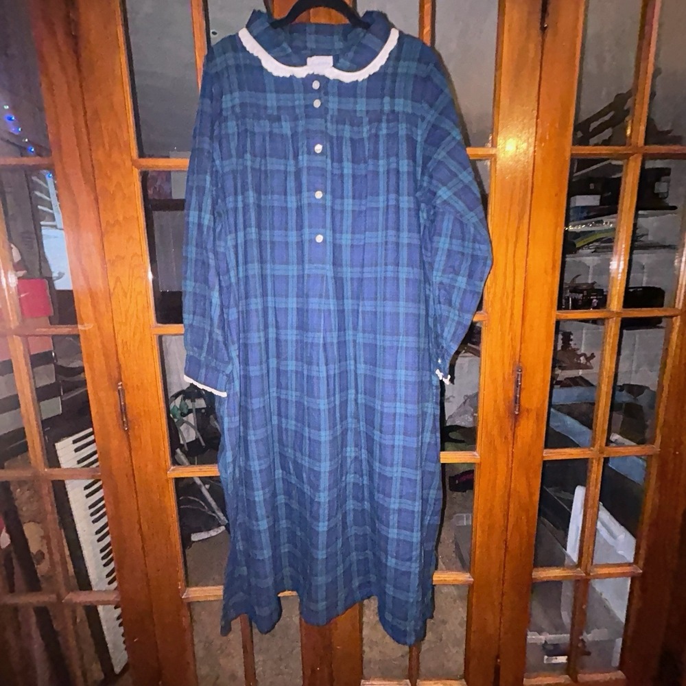 Vintage Lanz Of Salzburg Long Nightgown Women's L Plaid Flannel Ruffle GUC